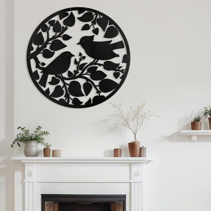 SIGNLEADER Metal Wall Art Decor Birds Tree Circular Frame Minimalist Modern Abstract Wall Sculpture Hangings Home Decoration for Living Room, Bedroom, Bathroom, Kitchen, Outdoor - 18" Black