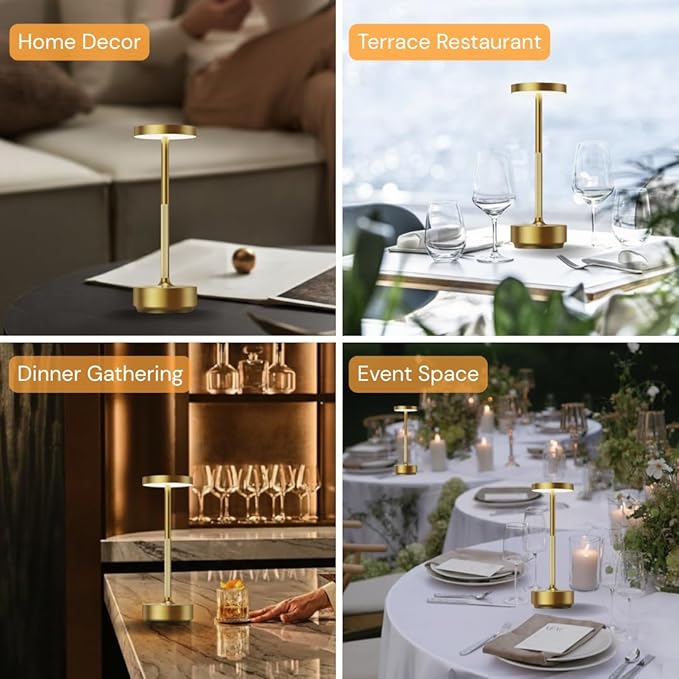 2 Pack Cordless Table Lamp Rechargeable - Waterproof, Touch 3-Color Lighting Portable LED Table Light for Outdoor,Patio,Restaurant.(2 Pack Gold)