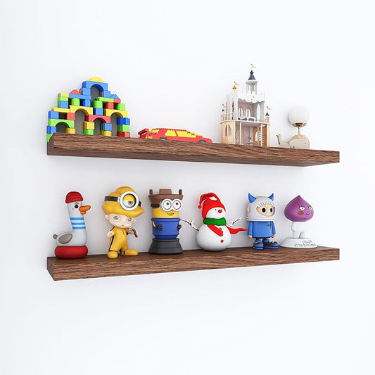 Floating Shelves for Wall, Set of 2 Solid Wood Wall Shelves for Bathroom, Small Hanging Shelf for Books Storage Room Decor (Walnut, 35.4in)