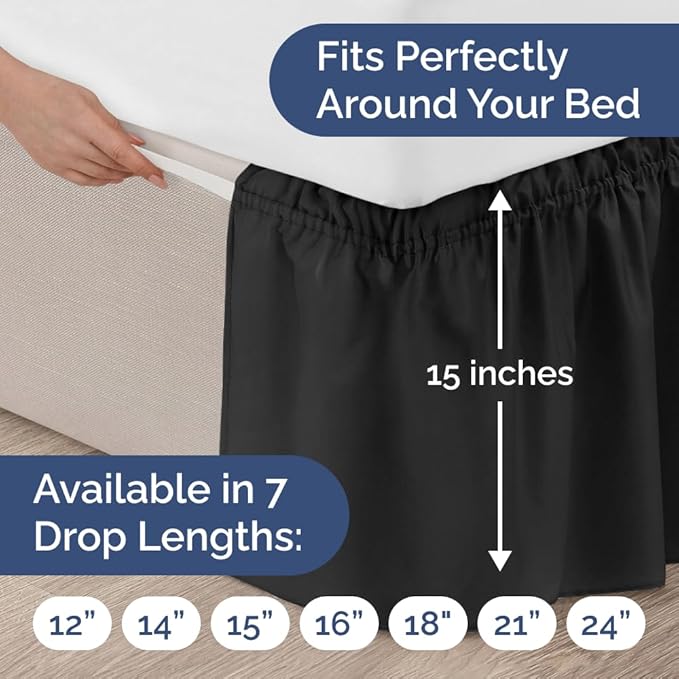 Wrap Around Dust Ruffle Bed Skirt - Black - Twin/Twin XL Size Beds with 15 Inch Drop - Easy Fit Elastic Strap - Adjustable Pleated Bedskirt w/Brushed Fabric - Wrinkle Free - Women, Men, Kids & Teens