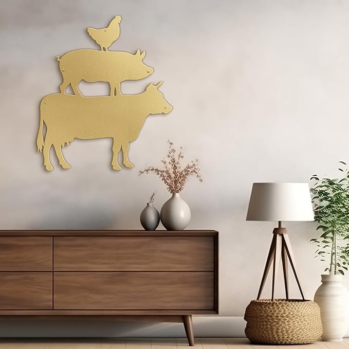 SIGNLEADER Metal Wall Art Decor Chicken, Pig, Cow Minimalist Modern Abstract Wall Sculpture Hangings Home Decoration for Living Room, Bedroom, Bathroom, Kitchen, Outdoor - 18" Gold