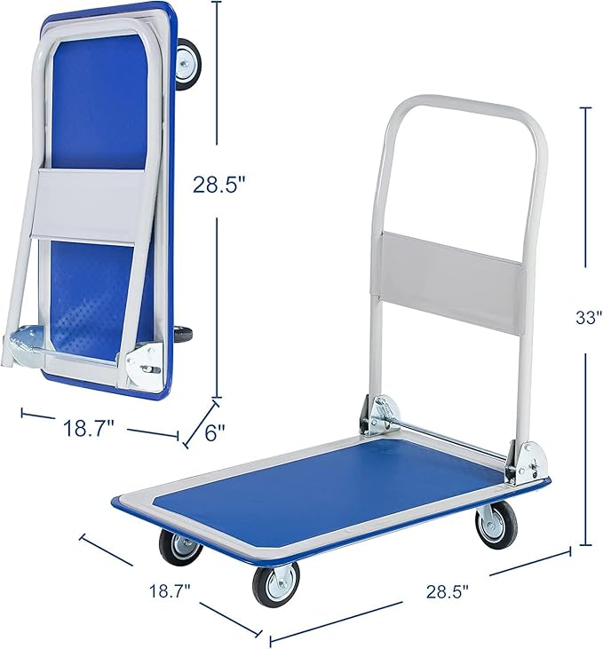Push Cart Dolly Platform Truck Folding Foldable Flatbed Dolly Metal with Wheels Hand Trucks Heavy Duty Rolling Tool Cart, Blue - 330lbs Capacity