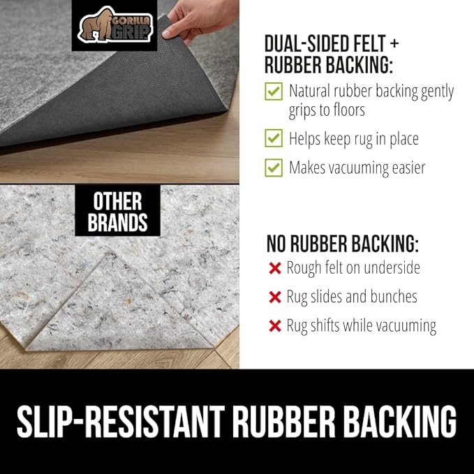 GORILLA GRIP Felt and Natural Rubber Stay in Place Slip Resistant Rug Pad, 1/8in Thick, 8x10 FT Protective Padding Under Area Rugs, Cushioned Gripper Pads, Carpet Runners, Hardwood Floors Protection