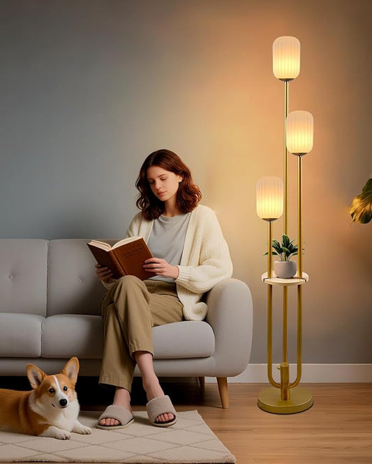 Lightdot Dimmable Floor Lamp with Shelf, Modern Gold Tall Floor Lamps with Oval Striped Lampshade for Wedding/Party, 3000K Soft Warm White 3-Lights Standing Lamp for Living Room/Bedroom