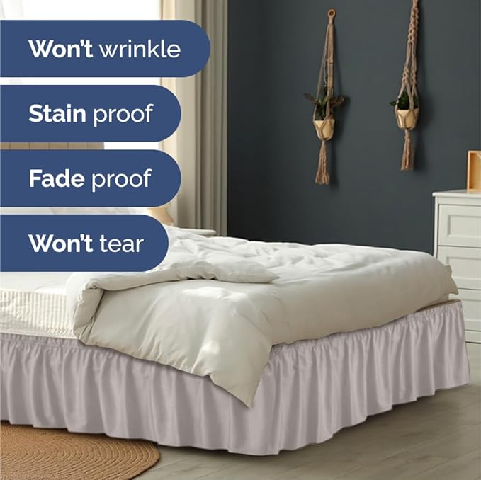 Wrap Around Dust Ruffle Bed Skirt - Light Grey - for Full Size Beds with 15 Inch Drop - Elastic Strap - Adjustable Pleated Bedskirt with Brushed Fabric and Wrinkle Free - for Women, Men, Kids & Teens