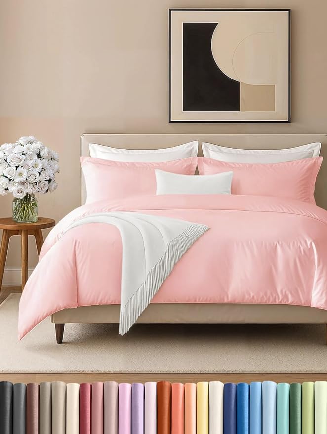 Duvet Cover King Size Set - Extra Soft King Size Duvet Cover 104 x 90 with 2 Pillow Shams - Hotel Luxury Easy Care and Fade Free w/Zipper Closures & Ties - Comfy Breathable Bedding Set (Baby Pink)