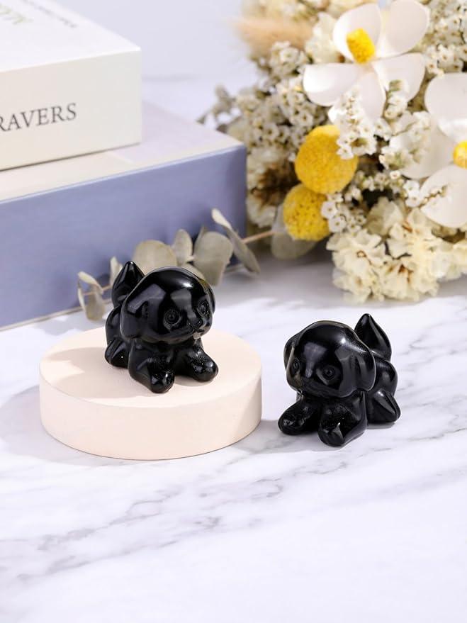 Jovivi Natural Black Obsidian Crystal Lying Dog Statue Home Decor Carved Mini Gemstone Puppy Dog Figurines Pocket Sculpture Reiki Healing Stones Decorative Ornament Gift