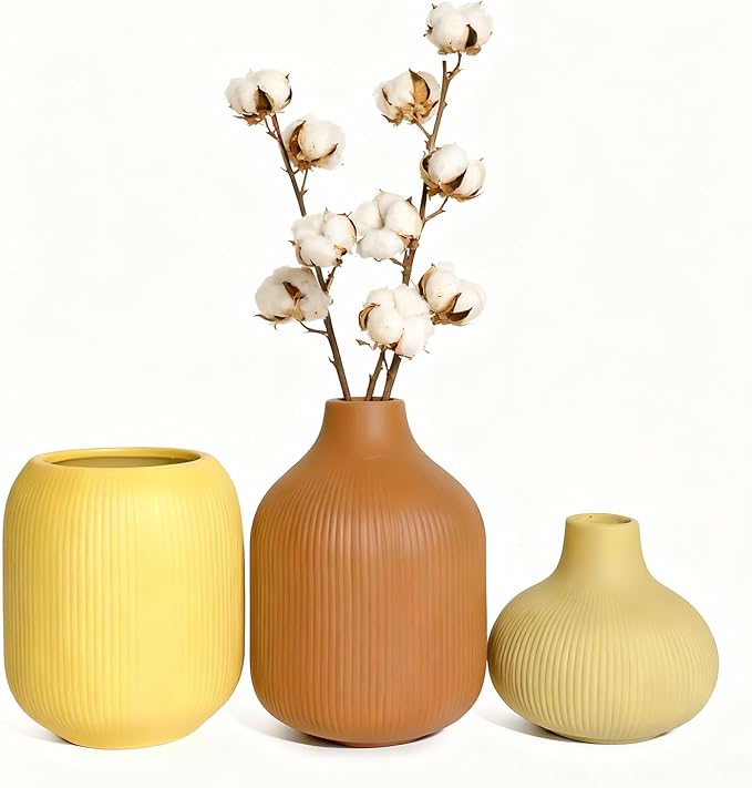 Ceramic Boho Vase Set of 3, Modern Colorful Ceramic Vases with Ribbed Texture, Minimalist Home Decor for Table Centerpiece, Kitchen, Living Room, Table Shelf, Office Decor