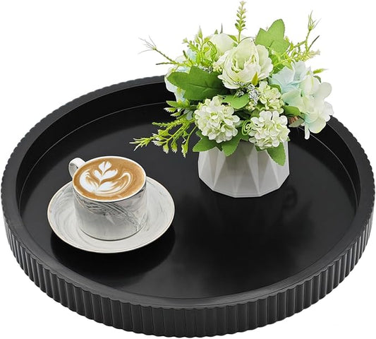 Carah & Cossh Round Wooden Serving Tray, Black Round Decorative Wood Tray, Modern Decorative Tray, Perfect for Storage and Display (Black B)