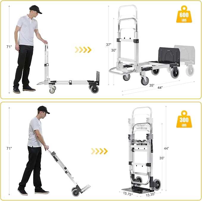 3 in 1 Aluminum Folding Hand Truck Dolly Cart with Wheels 600 Lbs Capacity Collapsible Heavy Duty Convertible Trolley with Retractable Handle for Moving Home Warehouse Office Camping (Black)