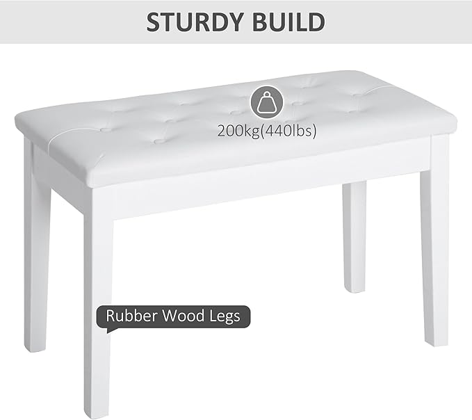 HOMCOM Piano Bench, Duet Piano Chair with Faux Leather Padded Cushion and Wooden Frame, Button Tufted Keyboard Bench, White