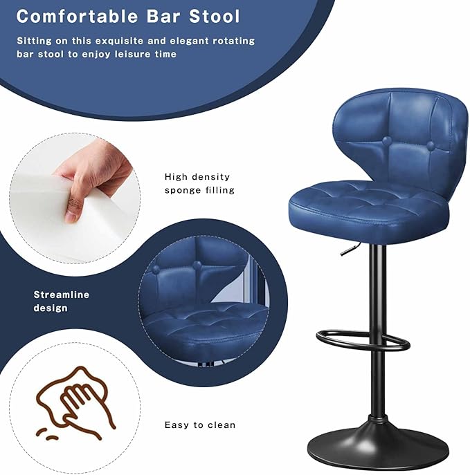 Bar Stools Set of 2,Adjustable Swivel Barstools, Modern PU Leather Upholstered Bar Chair with Back and Footrest,for Bar, Kitchen, Dining Room （Blue） 2