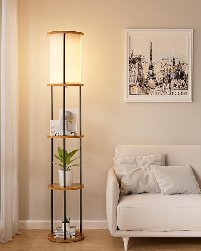 ACOHOOK 61" Floor Lamp with Shelves, Modern Black Floor Lamp with Fabric Lampshade and 3- Tier Storage Table Attached, 35lb Capacity Solid Wood, Corner Bookshelf Lamps for Living Room, Bedroom, Office