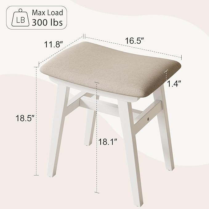 Solid Wood Vanity Stool, Compact Makeup Chair with Saddle Cushion, Linen-Covered High Rebound Sponge Seat, Easy Assembly Footstool for Bedroom, Entryway, Home, White