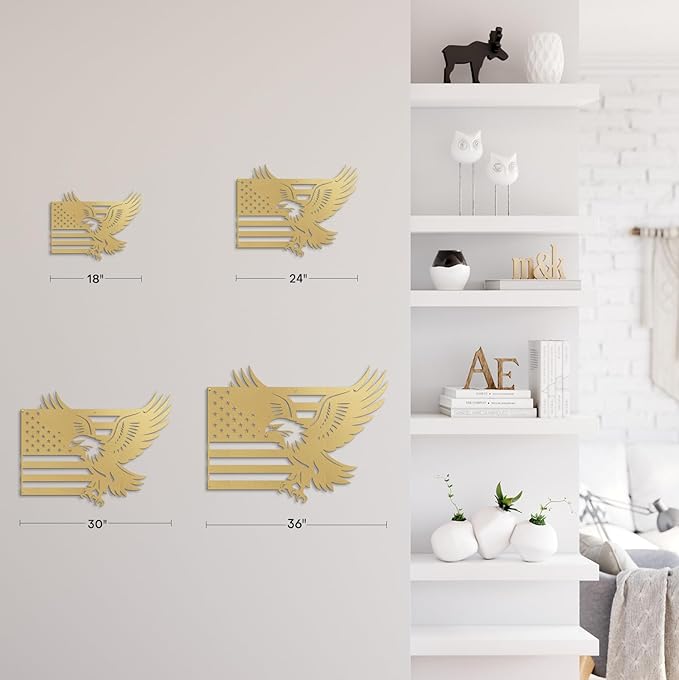 SIGNLEADER Metal Wall Art Decor American Flag with Eagle Minimalist Modern Abstract Wall Sculpture Hangings Home Decoration for Living Room, Bedroom, Bathroom, Kitchen, Outdoor - 18" Gold