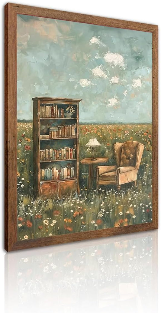 Vintage Whimsical Book Lover Wall Art, Impressionist Flower Field Painting Decor, Rustic Book Nook Canvas Prints, Bookish Gifts French Country Artwork for Bedroom Living Room 12x16 in Wood Framed