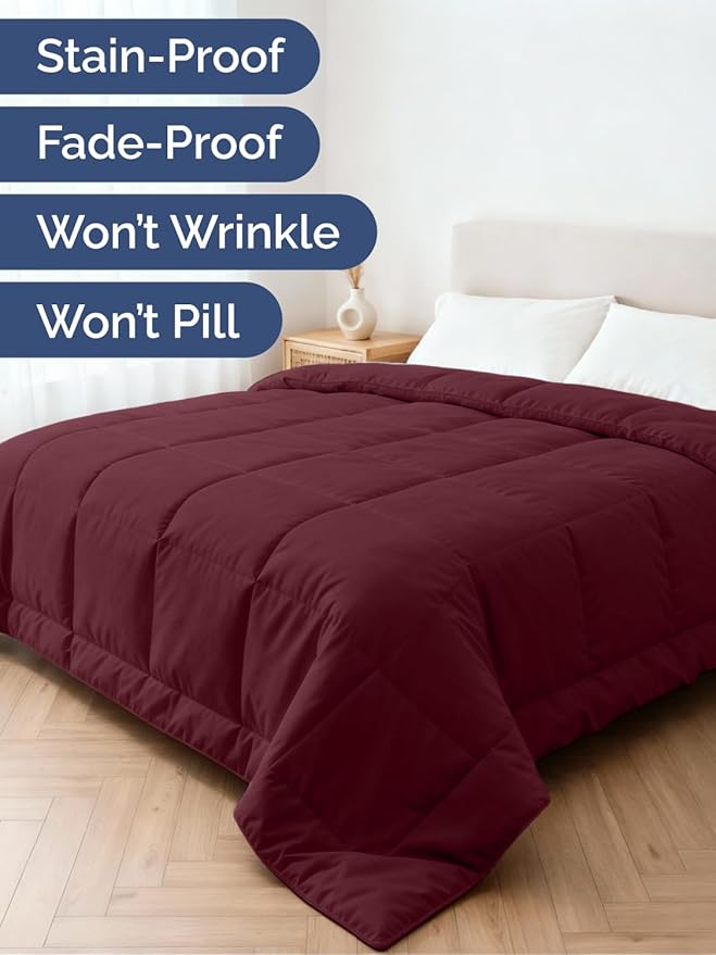 Twin Size, Burgundy Alternative Down Comforter - Warm & Lightweight, Luxury and Breathable Hotel Quality Bedding Set - All Season Fluffy and Cozy Oversized Cooling Microfiber Duvet Insert Comforter