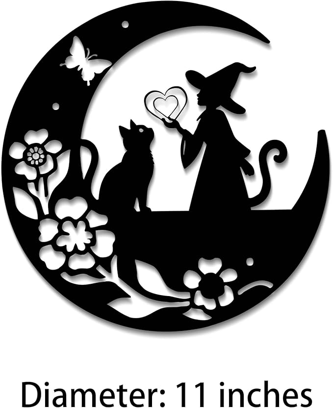 GlintHome Cat Metal Wall Art Decor Moon and Cat Witch Black Wall Hanging Decor Silhouette Wall Art for Home Bathroom Bedroom Living Room Kitchen Office Garden Hotel Wall Decoration