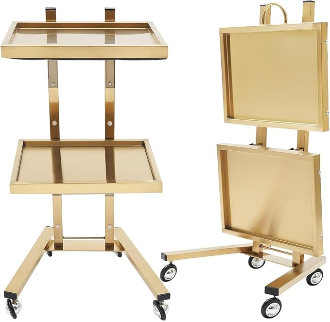 2-Tray Metal Rolling Cart, Stainless Steel Salon Tray Trolley, Foldable Utility Carts Quiet Lockable Wheels, Salon Trolley for Beauty Spa Esthetician dentals Tools, Cavitation Machine, Gold