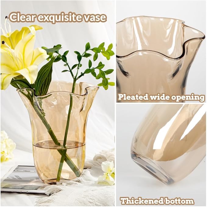8 inch Amber Glass Vases Large Flower Vases for Centerpiece, Crystal Vases for Flowers Wide Mouth Vase for Home Office Living Room Shelf Wedding Decor (Ionic Light Amber)