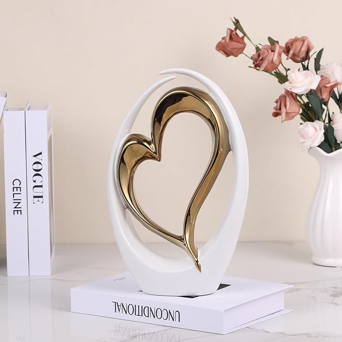 White and Gold Ceramic Statues, Abstract Heart Sculptures for Bedroom Decor, Wedding Decor, Decoraciones para Salas De Casa, for Her (D-White Gold)