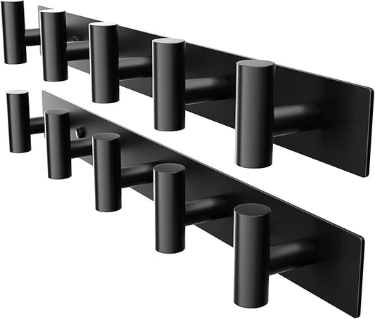 Black Wall Mounted Coat Rack – 5 T-Shaped Pegs for Hats, Bags & Towels, Heavy-Duty Metal Rail for Entryway, Bathroom, Closet, Bedroom (2 Pack)