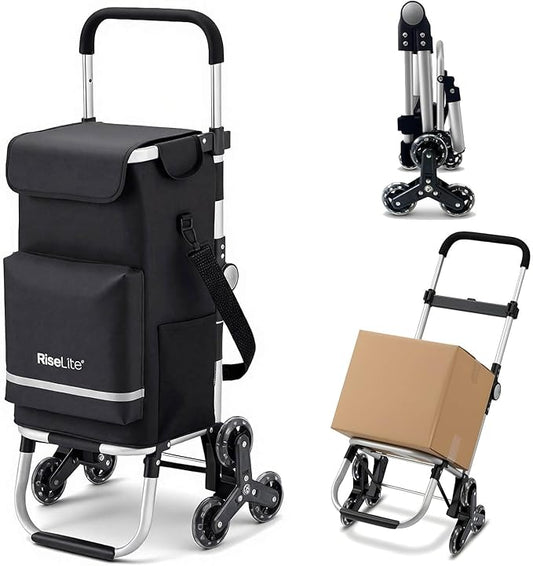Stair Climbing Shopping Cart for Seniors, Tri-Wheel Grocery Cart for Stairs & Apartments, Foldable Utility Trolley with Insulated Cooler & Adjustable Handle, 110 lbs, Waterproof