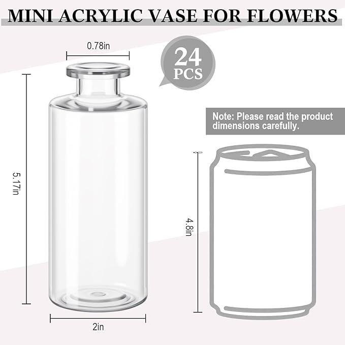 Honeydak Set of 24 Plastic Mini Bud Vases, Vintage Clear Decorative Vases Bulk for Table Centerpieces, Wedding Reception, Baby Shower, Home Decor, Housewarming Gift(Smooth)