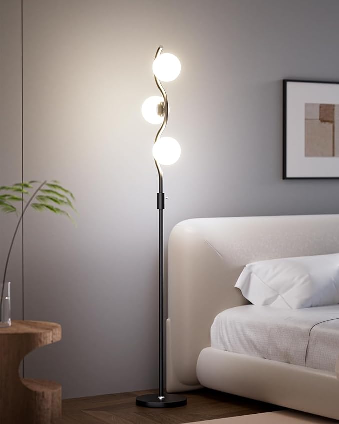 ACOHOOK Dimmable Globe Floor Lamp Black Standing Lamps with 3 Soft Warm White 3000K Bulbs, Mid Century Modern Floor Lamp for Living Room Bedroom Home Decor