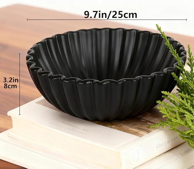 Large Black Fluted Decorative Bowl – Modern Ruffle Bowl for Kitchen, Living Room, Entryway & Coffee Table Décor, Multifunctional Black Fruit Bowl for Keys, Decorative Storage for Home