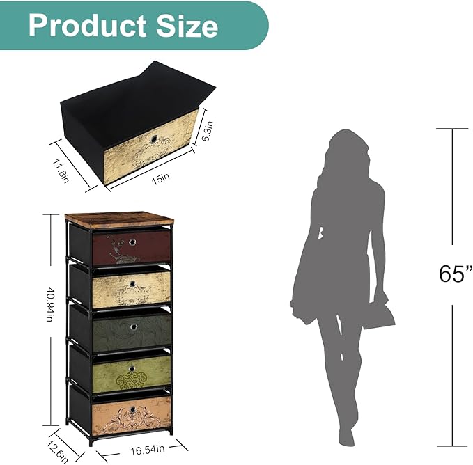 Nightstand with 5 Drawers, Clothes Storage Organizer, Small Fabric Dresser for Bedroom, Closet, Entryway, Hallway, Nursery, Dorm