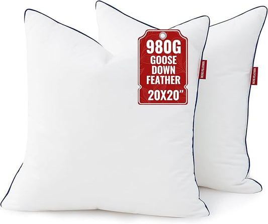ROSE FEATHER Down Pillow Inserts 20x20, Set of 2, 100% Goose Down Feather Throw Pillows Inserts, Triple-Layer Downproof, Decorative Pillow Insert with Soft Cotton Cover for Couch,Sofa,Bed,Living Room