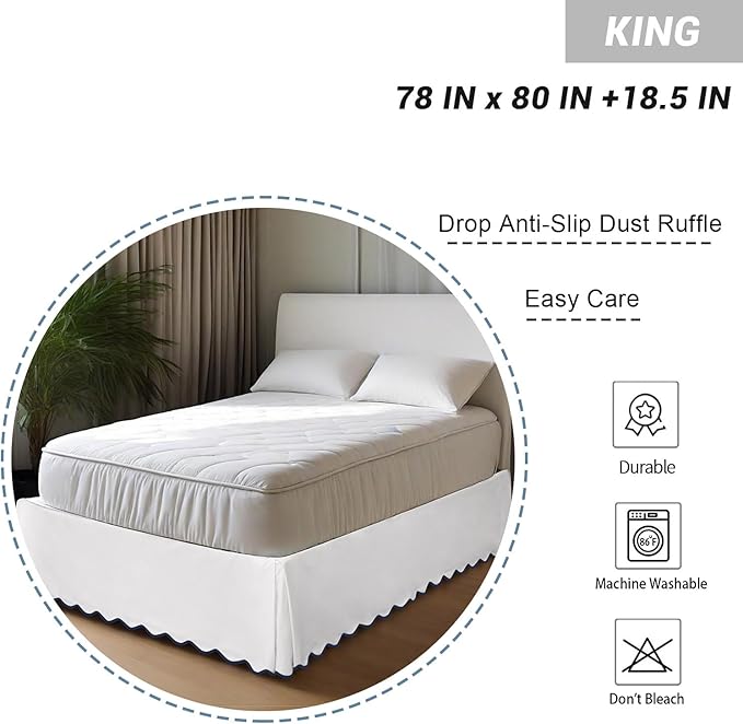 HIG King Bed Skirt - Easy Fit Scallop Edge Pleated Bedskirts with Spilt Coner, 18 Inch Drop Anti-Slip Dust Ruffle, Thick Fabric for Enhanced Privacy, Pre-Washed for Long-Lasting Use, Machine Washable