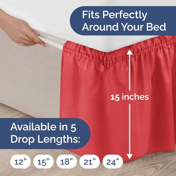 Wrap Around Dust Ruffle Bed Skirt - Red - for Queen Size Beds with 18 Inch Drop - Easy Fit Elastic Strap - Adjustable Pleated Bedskirt w/Brushed Fabric - Wrinkle Free - for Women, Men, Kids & Teens