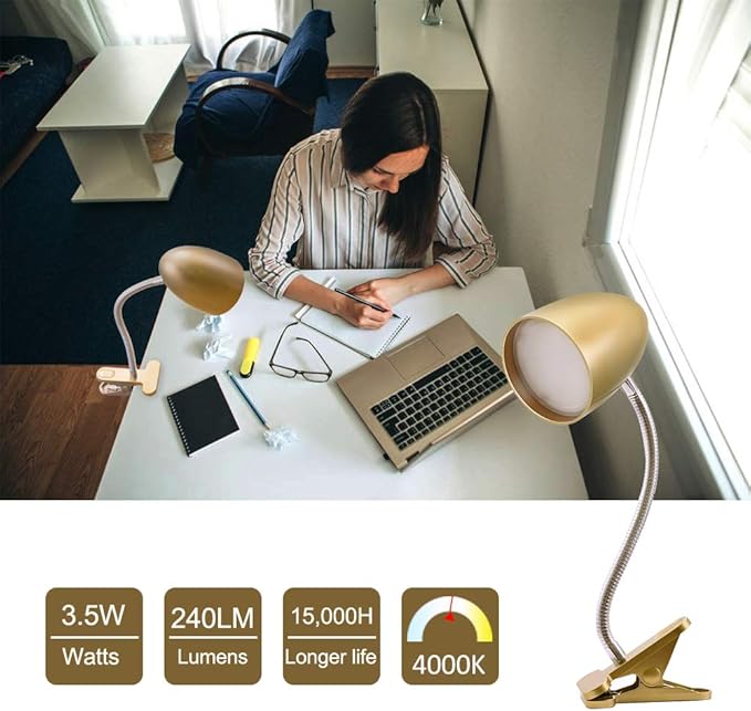 Energetic Clip on Lamp for Bed, Non-Dimmable Reading Light for Bed and Desk, 4000K Cool White, 3.5W 240 LM Flexible Gooseneck lamp, Eye Protection, ETL Listed, Gold