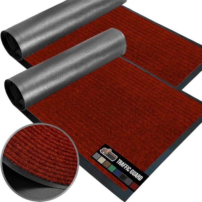 GORILLA GRIP Waterproof Traffic Guard Door Mat, 2 Pack Heavy Duty Entryway Mats, Strong Backing Commercial Utility Rugs for Office Hallway, Garage Floor and Home, Low Profile Carpet, 29x17, Red