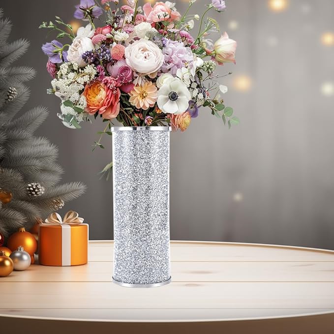 Silver Glass Vase for Flowers, Large 10in Crushed Diamond Vase, Luxurious Fresh Flower Vase for Home Decor, Bedroom, Living Room, Office, Wedding, Party, Dining Table