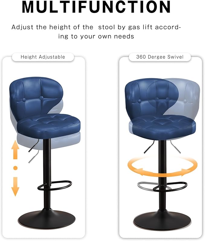 Bar Stools Set of 2, Adjustable Swivel Bar Chairs with 360° Rotation, Padded Counter Stools with Back and Footrest for Kitchen Island, Bistro, Cafe, and Home Use Blue