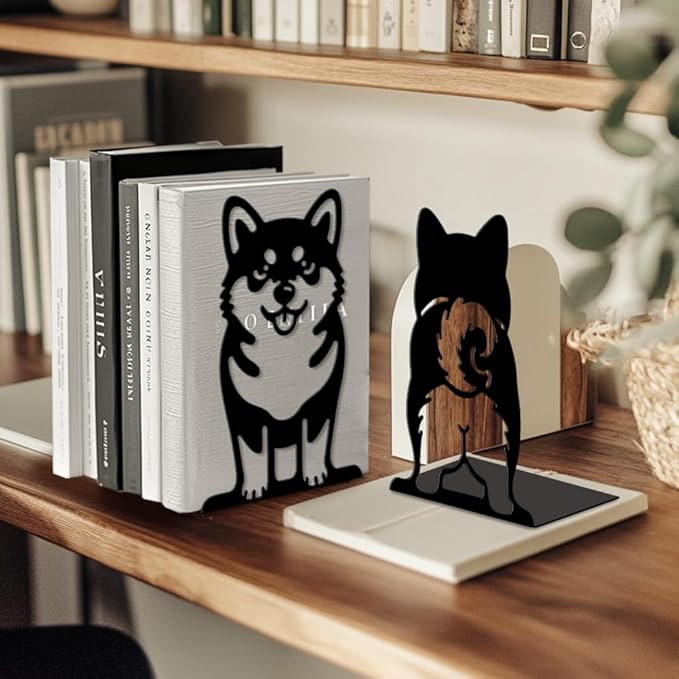 Peacoblue Metal Bookends for Shelves, Modern Decorative Heavy Duty Study Book Ends Stoppers for Office, Desk, Shelf, Room 5.3"x4.3"x7.9" Cast Iron Simple Tall Bookends 1 Pair (Cute Shiba Inu)