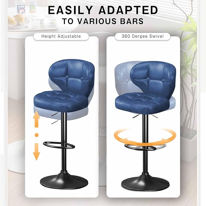 Bar Stools Set of 2,Adjustable Swivel Barstools, Modern PU Leather Upholstered Bar Chair with Back and Footrest,for Bar, Kitchen, Dining Room （Blue） 2