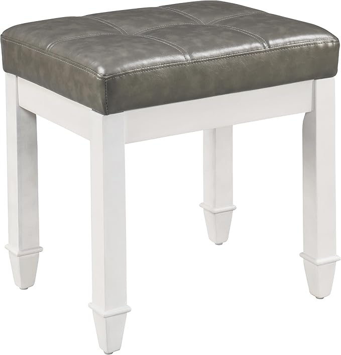 Vanity Stool Bench with Faux Leather Upholstered , Makeup Dressing Bench with Solid Wood Leg, Piano Bench Stools, Child Stool,18.5"L x 14.2"W x 18.5"H Stools, White Leg & Dark Gray Surface FD2405PGY