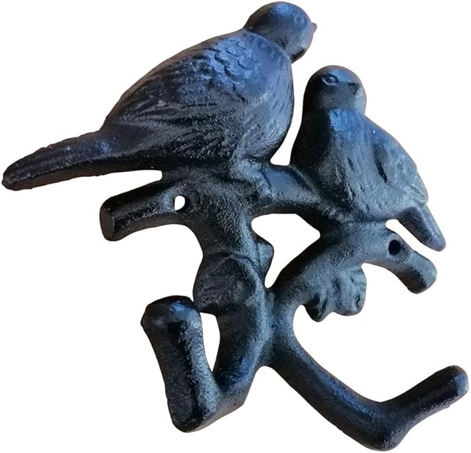 Comfy Hour Antique and Vintage Animal Collection Cast Iron Birds Double Key Coat Hooks Wall Hanger Clothes Rail Set, Heavy Duty Black