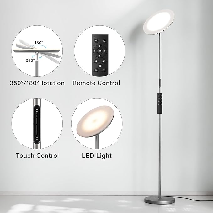 PreeOtti LED Floor Lamp with Remote, Touch Control, Fully Dimmable, Adjustable Brightness, 69 in, Deep Grey