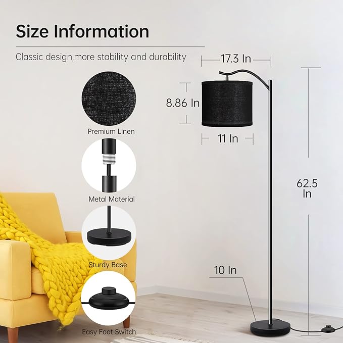 Montage Mid Century Arched Floor Lamp with Black Linen Shade, E26 Socket, Footswitch - Perfect for Living Room, Bedrooms, Office or Corner