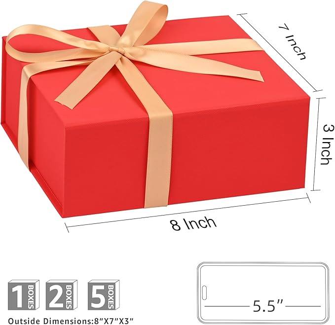 LIFELUM Red Gift Box 8 x 7 x 3 inch, Small Gift Box with lid Magnetic Closure for Presents with Lids Ribbon