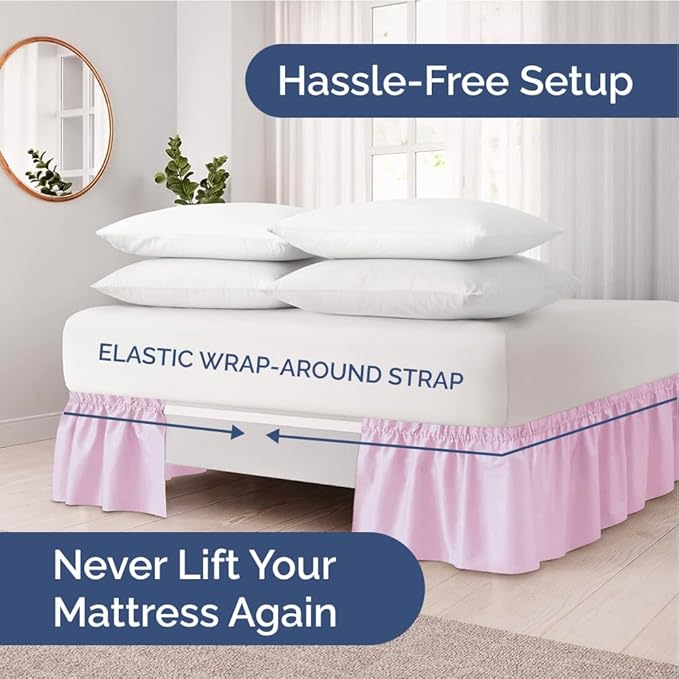 Wrap Around Dust Ruffle Bed Skirt - Light Pink - for King Size Beds with 15 Inch Drop - Elastic Strap - Adjustable Pleated Bedskirt with Brushed Fabric and Wrinkle Free - for Women, Men, Kids & Teens