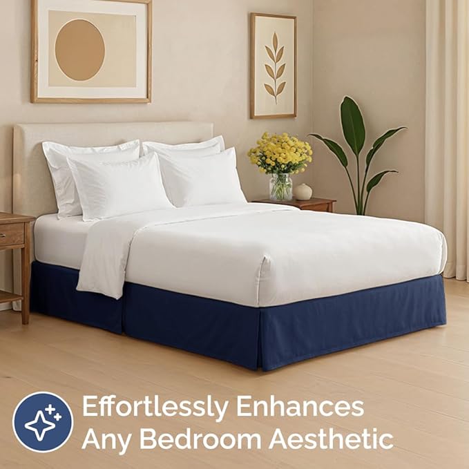 Pleated Bed Skirt Queen Size - 3 Sided Pleated Bed Skirt Queen - Ultra-Soft, Easy Fit with 15 Inch Tailored Drop - Hotel Quality, Wrinkle Free & Fade Resistant - for Women, Men, Kids and Teens - Navy