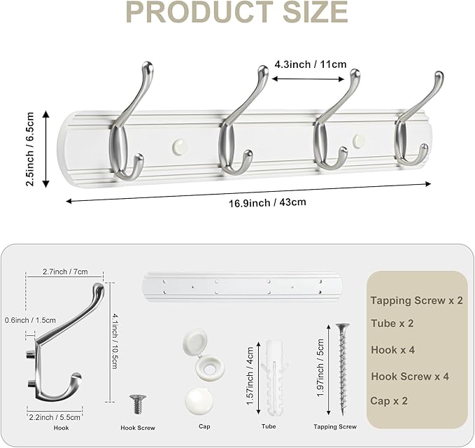 Coat Hooks Wall Mount, Wood Bamboo Wall Coat Rack with 4 Metal Hooks for Hanging Clothes, Towels, Keys, Bags(White&Brushed Nickel)