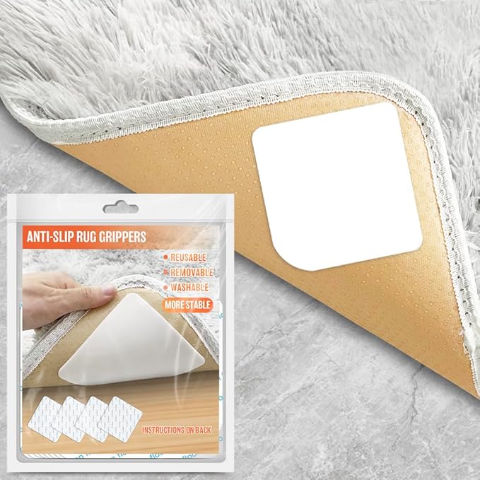 ZC GEL 8 Pcs Rug Tape, Reusable Carpet Tape for Area Rugs，Non Slip Rug Pads Grippers for Hardwood Floors and Tiles, Double-Sided Adhesive Rug Stickers Keep Corners Flat, No Damage to Floor