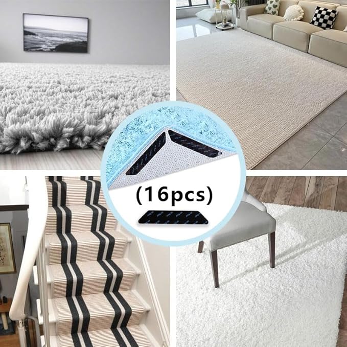 NAIVELY 16 Pcs Rug Tape Grippers for Hardwood Floors Non Slip Rug Pads, Reusable Double-Sided Adhesive Carpet Tape for Area Rugs(Black)